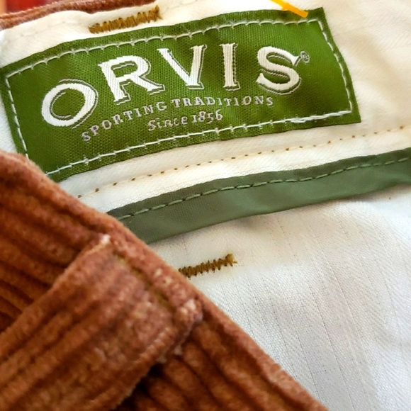 ORVIS Mens Wide Wale Corduroy Pants Caramel Tan Leather trim Size 36 - Picture 2 of 5